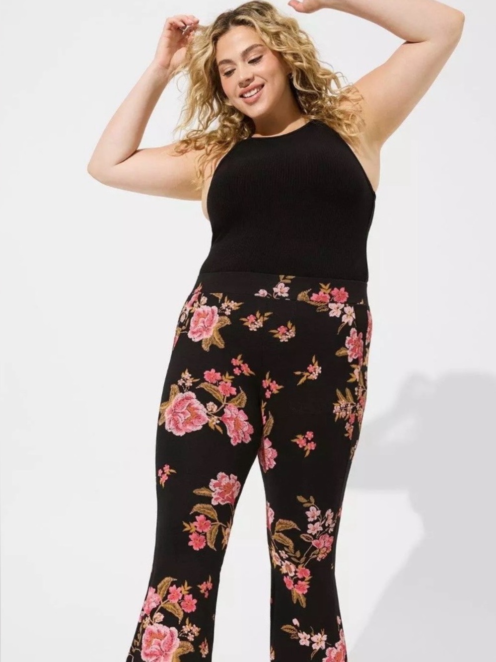 torrid Black Pants with Pink Rose & Blue Floral Print
